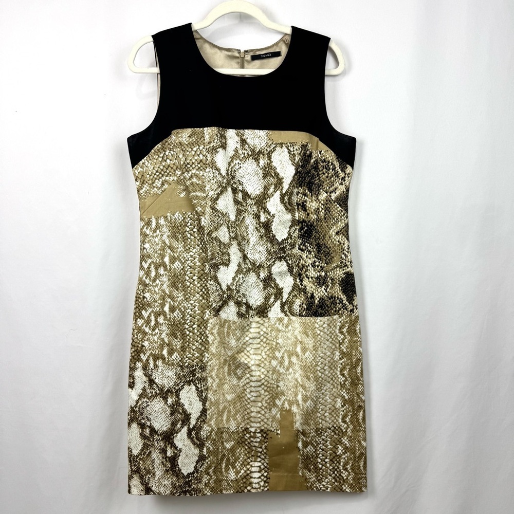 Tahari Black Beige Color Block Snakeskin Print Sheath Dress Sz 12 Career/ Office